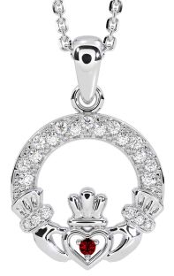 Diamond Garnet Silver Claddagh Necklace