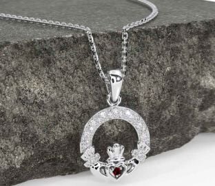 Diamond Garnet Silver Claddagh Necklace