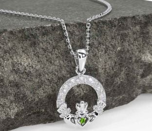 Diamond Peridot Silver Claddagh Necklace