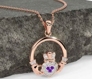 Diamond Amethyst Rose Gold Silver Claddagh Necklace