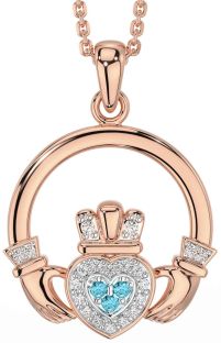 Diamond Aquamarine Rose Gold Silver Claddagh Necklace