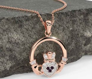 Diamond Alexandrite Rose Gold Silver Claddagh Necklace