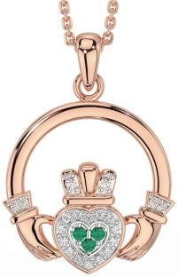 Diamond Emerald Rose Gold Silver Claddagh Necklace