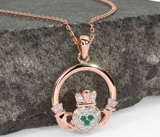 Diamond Emerald Rose Gold Silver Claddagh Necklace