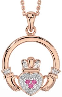 Diamond Pink Tourmaline Rose Gold Silver Claddagh Necklace