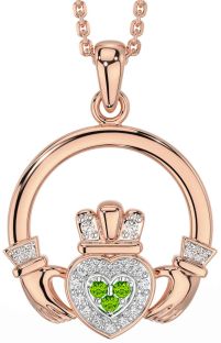 Diamond Peridot Rose Gold Silver Claddagh Necklace