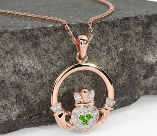 Diamond Peridot Rose Gold Silver Claddagh Necklace