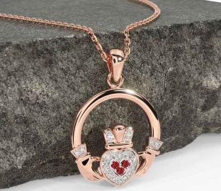 Diamond Ruby Rose Gold Silver Claddagh Necklace