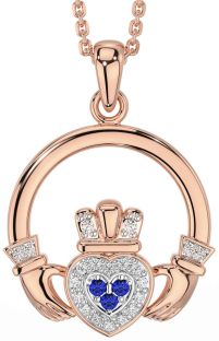 Diamond Sapphire Rose Gold Silver Claddagh Necklace