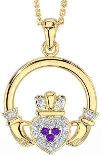 Diamond Amethyst Gold Silver Claddagh Necklace