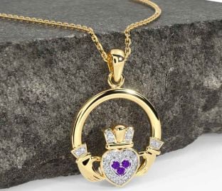 Diamond Amethyst Gold Silver Claddagh Necklace
