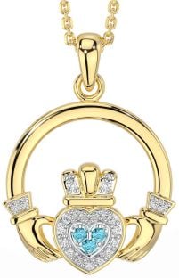 Diamond Aquamarine Gold Silver Claddagh Necklace