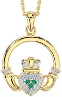 Diamond Emerald Gold Silver Claddagh Necklace