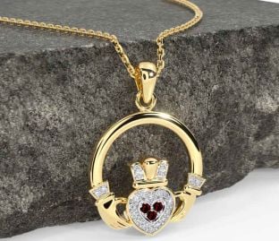 Diamond Garnet Gold Silver Claddagh Necklace