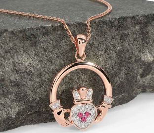 Diamond Pink Tourmaline Rose Gold Claddagh Necklace