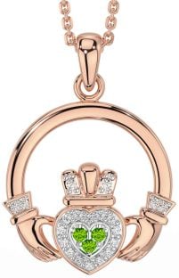 Diamond Peridot Rose Gold Claddagh Necklace