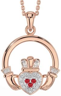 Diamond Ruby Rose Gold Claddagh Necklace