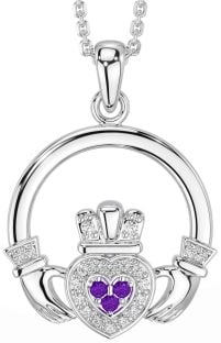 Diamond Amethyst Silver Claddagh Necklace