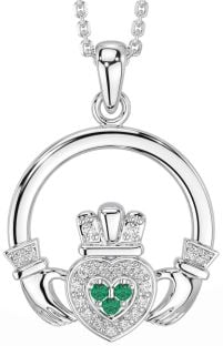 Diamond Emerald Silver Claddagh Necklace