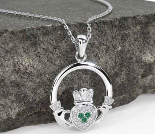 Diamond Emerald Silver Claddagh Necklace