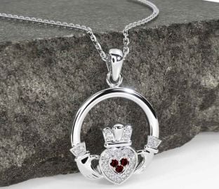 Diamond Garnet Silver Claddagh Necklace