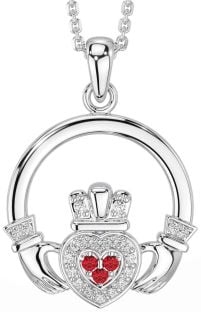 Diamond Ruby Silver Claddagh Necklace