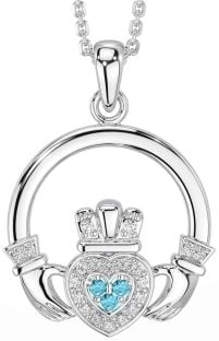 Diamond Aquamarine White Gold Claddagh Necklace