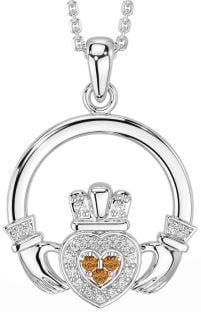 Diamond Citrine White Gold Claddagh Necklace