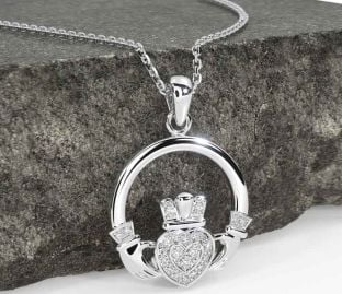 Diamond White Gold Claddagh Necklace