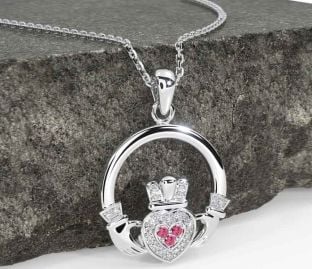 Diamond Pink Tourmaline White Gold Claddagh Necklace