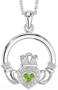 Diamond Peridot White Gold Claddagh Necklace