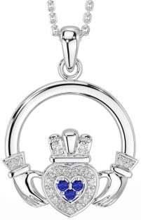 Diamond Sapphire White Gold Claddagh Necklace