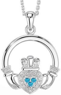 Diamond Topaz White Gold Claddagh Necklace