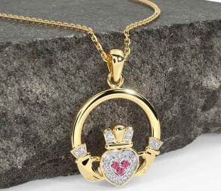 Diamond Pink Tourmaline Gold Claddagh Necklace