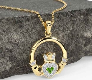 Diamond Peridot Gold Claddagh Necklace