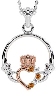 Diamond Citrine Rose Gold Silver Claddagh Necklace