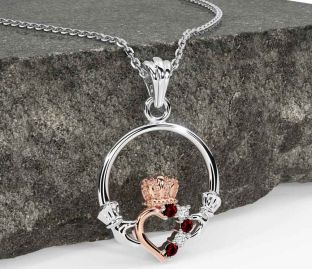 Diamond Garnet Rose Gold Silver Claddagh Necklace