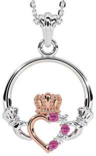 Diamond Pink Tourmaline Rose Gold Silver Claddagh Necklace