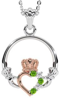 Diamond Peridot Rose Gold Silver Claddagh Necklace