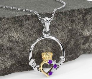 Diamond Amethyst Gold Silver Claddagh Necklace