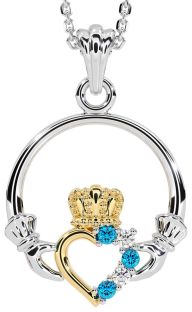 Diamond Topaz Gold Silver Claddagh Necklace