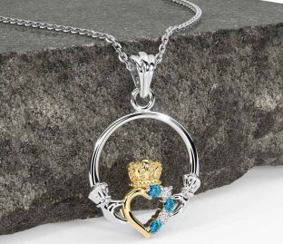 Diamond Topaz Gold Silver Claddagh Necklace