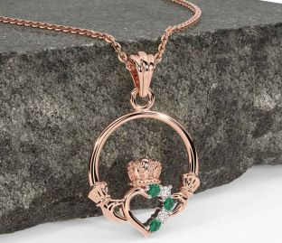 Diamond Emerald Rose Gold Silver Claddagh Necklace