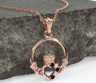 Diamond Garnet Rose Gold Silver Claddagh Necklace