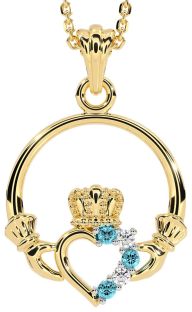 Diamond Aquamarine Gold Silver Claddagh Necklace