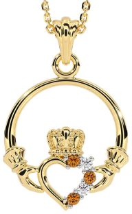 Diamond Citrine Gold Silver Claddagh Necklace