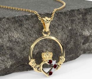 Diamond Garnet Gold Silver Claddagh Necklace