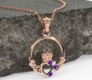 Diamond Amethyst Rose Gold Claddagh Necklace