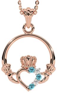 Diamond Aquamarine Rose Gold Claddagh Necklace