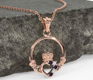 Diamond Alexandrite Rose Gold Claddagh Necklace